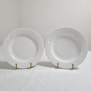 Vintage BOMBAY (2) Embossed Dinner Plates Scrolls Elegant Stoneware White 11"